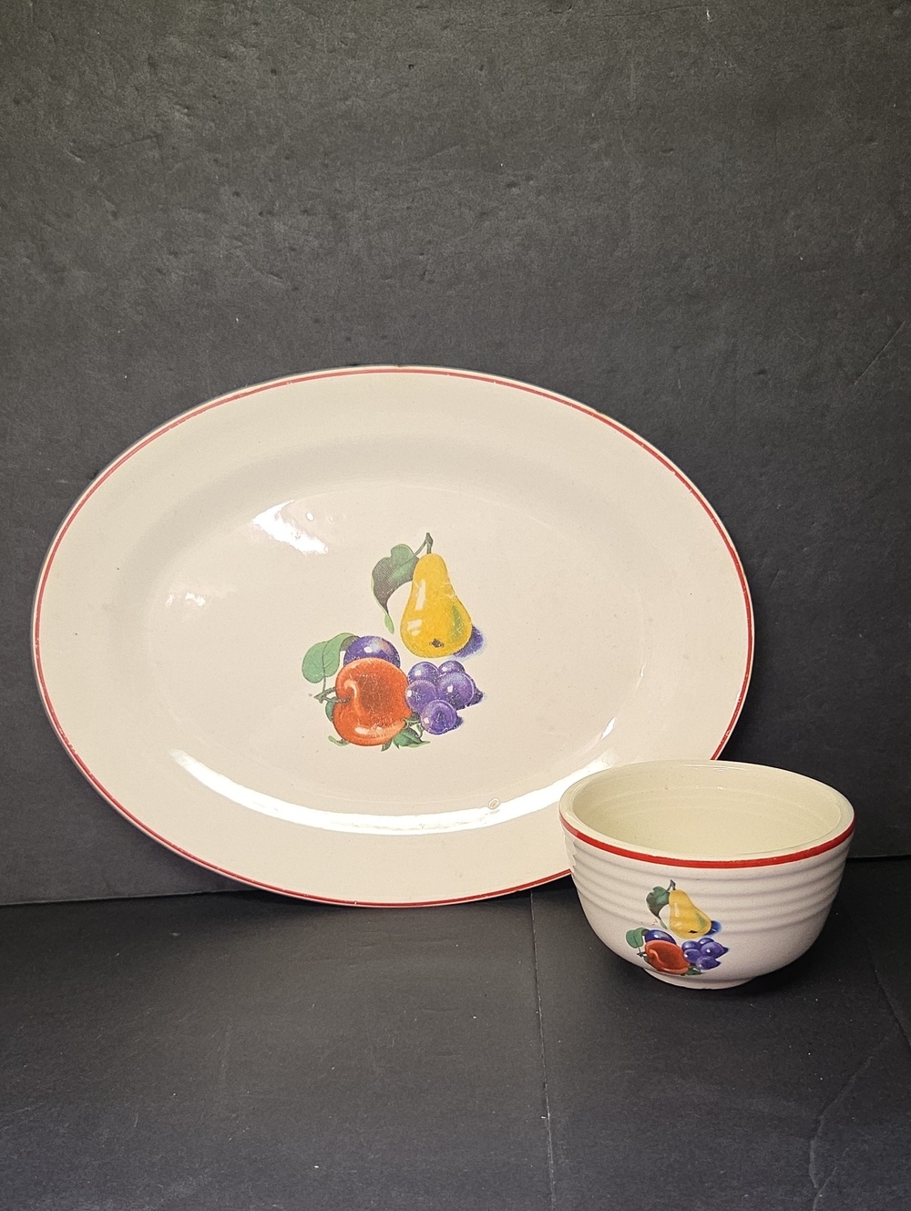 Vintage Universal Cambridge 11.5"  Oval Platter  Red Rim & Fruit And Small Bowl